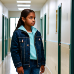 A thoughtful young individual, gender-neutral, in a comfortable, modest jacket and jeans, standing contemplatively in a dimly lit, clean modern school hallway. Subtle, shimmering light effects suggest an unseen, benevolent presence, conveying introspection and empathy. perfect anatomy, correct proportions, natural pose, well-formed hands, proper finger count, natural body proportions, fully clothed, appropriate attire, modest clothing, family-friendly, safe for work, professional photography, high quality.