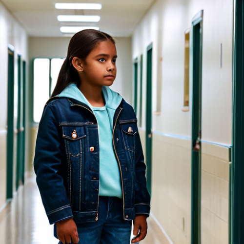 A thoughtful young individual, gender-neutral, in a comfortable, modest jacket and jeans, standing contemplatively in a dimly lit, clean modern school hallway. Subtle, shimmering light effects suggest an unseen, benevolent presence, conveying introspection and empathy. perfect anatomy, correct proportions, natural pose, well-formed hands, proper finger count, natural body proportions, fully clothed, appropriate attire, modest clothing, family-friendly, safe for work, professional photography, high quality.