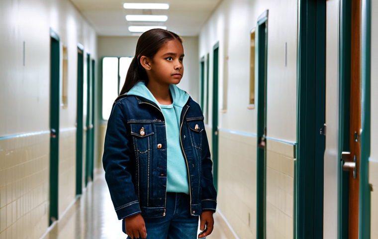 A thoughtful young individual, gender-neutral, in a comfortable, modest jacket and jeans, standing contemplatively in a dimly lit, clean modern school hallway. Subtle, shimmering light effects suggest an unseen, benevolent presence, conveying introspection and empathy. perfect anatomy, correct proportions, natural pose, well-formed hands, proper finger count, natural body proportions, fully clothed, appropriate attire, modest clothing, family-friendly, safe for work, professional photography, high quality.