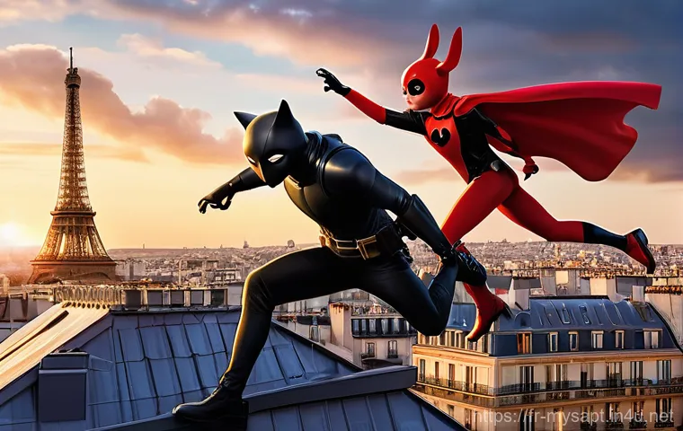 신비아파트 등장인물별 인기 분석 - **"Dynamic Parisian Duo: Ladybug and Chat Noir in Action"**
    A vibrant, action-packed illustratio...