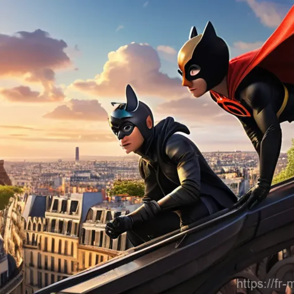 신비아파트 스토리 구조 분석 - A vibrant, stylized animated scene featuring Ladybug and Chat Noir (teenage superheroes, fully cloth...