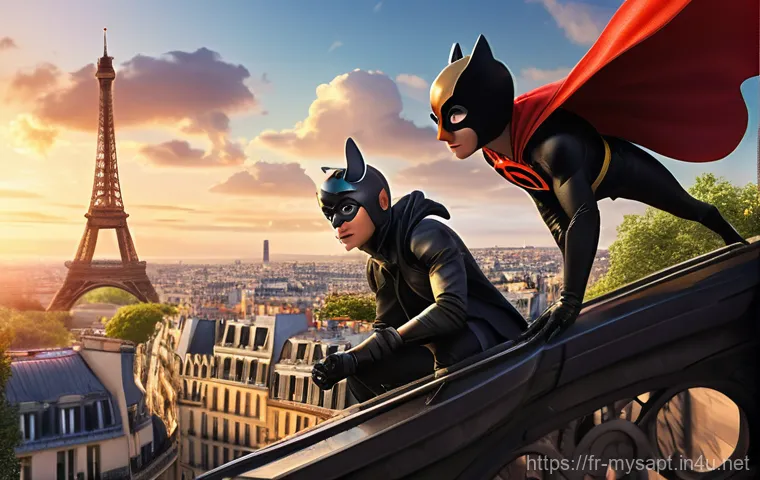 신비아파트 스토리 구조 분석 - A vibrant, stylized animated scene featuring Ladybug and Chat Noir (teenage superheroes, fully cloth...