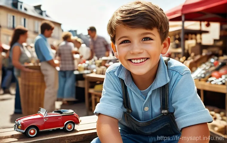 신비아파트 굿즈 거래 팁 - **A joyful discovery at a bustling French flea market.**
    A vibrant, sunlit scene at a "march&eacute; au...