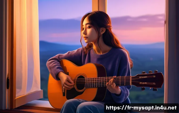 신비아파트 엔딩곡 분석 - A serene anime-style scene depicting a young woman sitting quietly by a window during twilight, hold...
