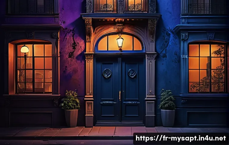 신비아파트 에피소드 추천 목록 - A mysterious, atmospheric urban apartment complex at twilight, surrounded by shadowy streets and glo...