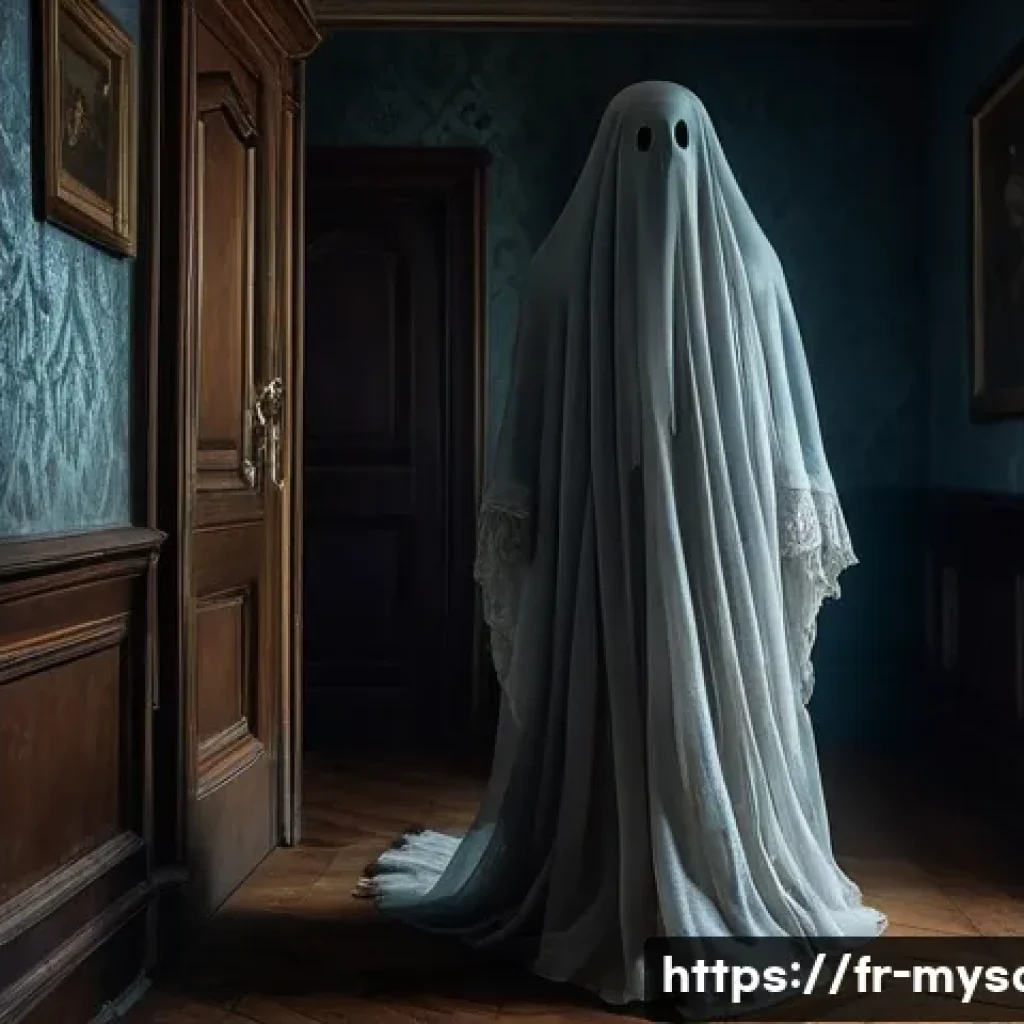 신비아파트 귀신 대사 모음 - A mysterious protective ghost in an old French apartment hallway, depicted as a translucent figure w...