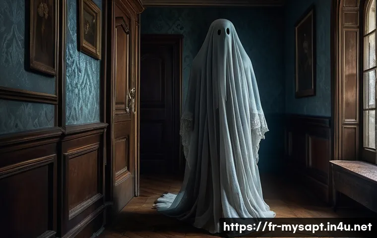 신비아파트 귀신 대사 모음 - A mysterious protective ghost in an old French apartment hallway, depicted as a translucent figure w...