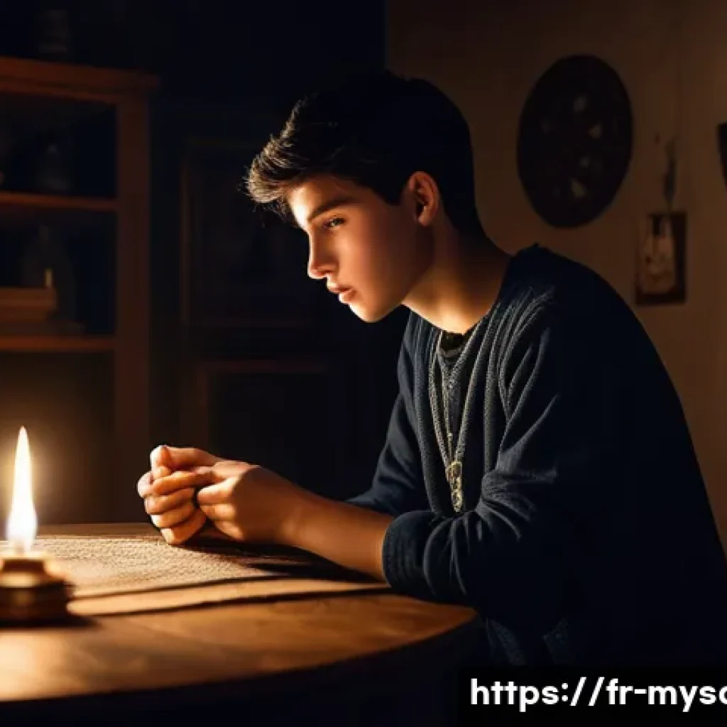 신비아파트 귀신 봉인 장면 리뷰 - A dramatic scene depicting a young French teenager in a dimly lit, eerie apartment room performing a...