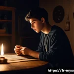 신비아파트 귀신 봉인 장면 리뷰 - A dramatic scene depicting a young French teenager in a dimly lit, eerie apartment room performing a...