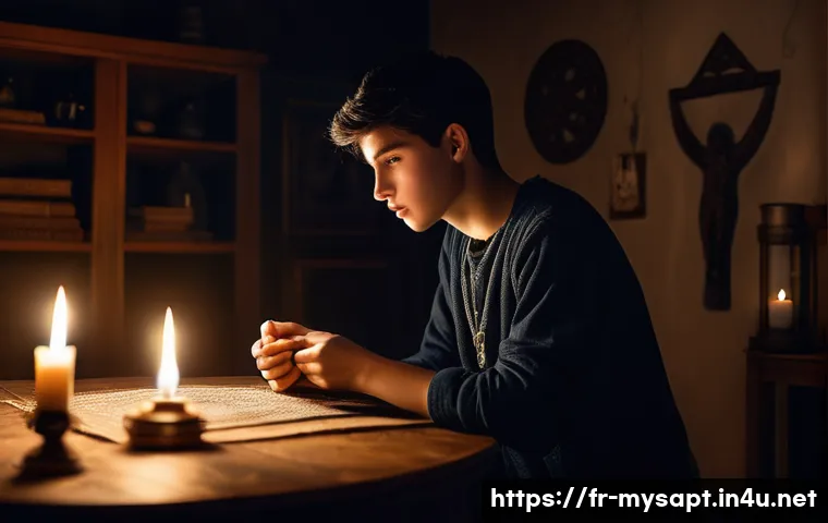 신비아파트 귀신 봉인 장면 리뷰 - A dramatic scene depicting a young French teenager in a dimly lit, eerie apartment room performing a...