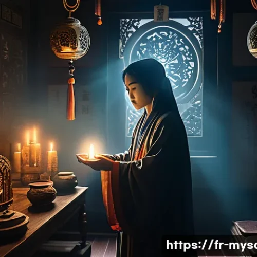 신비아파트 귀신의 약점 분석 - A mysterious ghostly figure from Shinbi Apartment, surrounded by glowing sacred talismans and tradit...