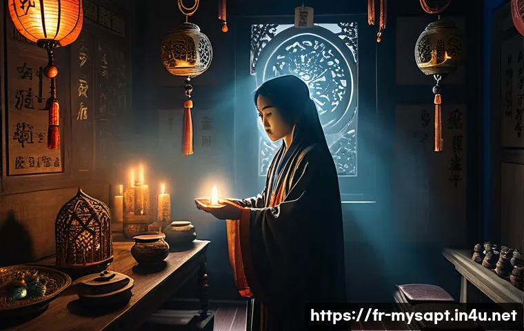 신비아파트 귀신의 약점 분석 - A mysterious ghostly figure from Shinbi Apartment, surrounded by glowing sacred talismans and tradit...