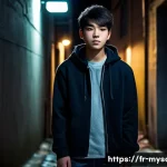 신비아파트 하리의 동생 이야기 - A mysterious teenage boy with a shadowy past, standing in a dimly lit urban alley at night, wearing ...