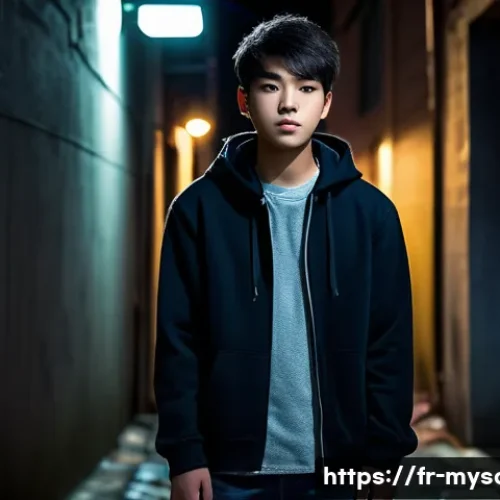 신비아파트 하리의 동생 이야기 - A mysterious teenage boy with a shadowy past, standing in a dimly lit urban alley at night, wearing ...