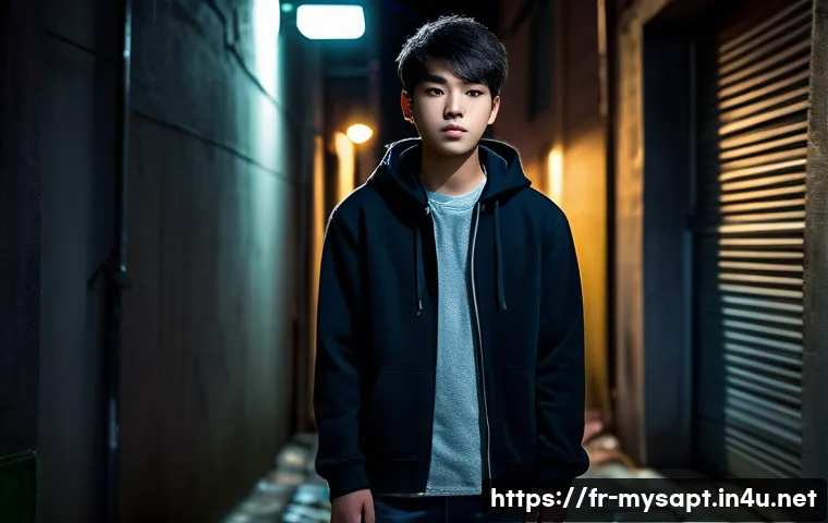 신비아파트 하리의 동생 이야기 - A mysterious teenage boy with a shadowy past, standing in a dimly lit urban alley at night, wearing ...