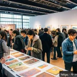 신비아파트 팬덤 커뮤니티 동향 - A vibrant and cozy fan art convention scene in Paris, featuring diverse attendees dressed in casual ...