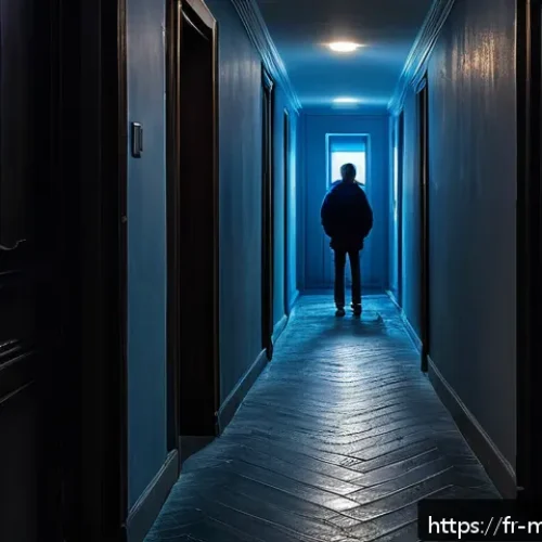 신비아파트 특집 방송 리뷰 - A mysterious, shadow-filled urban apartment corridor at night, illuminated by dim flickering lights ...