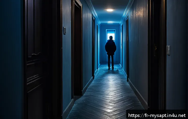 신비아파트 특집 방송 리뷰 - A mysterious, shadow-filled urban apartment corridor at night, illuminated by dim flickering lights ...