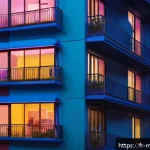 신비아파트 한국 애니메이션 역사적 위상 - A vibrant, modern Korean animated apartment building at dusk, glowing warmly with mysterious shadows...