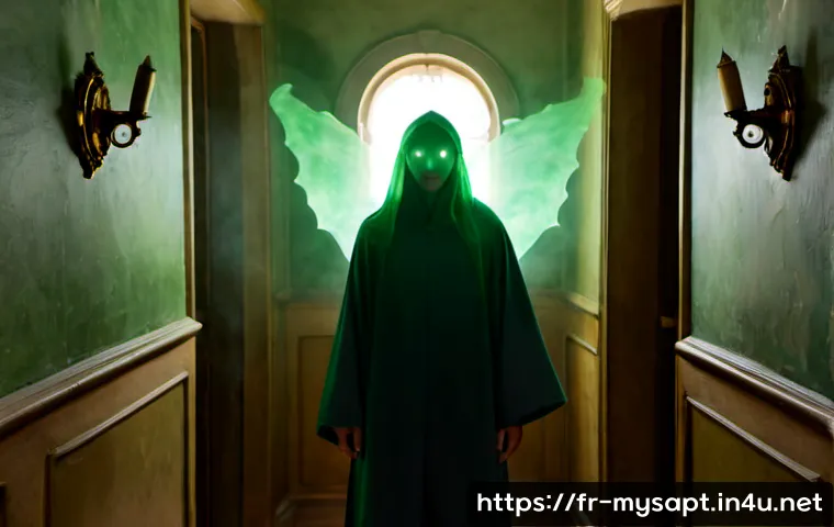 신비아파트 신비의 비밀 능력 - Photorealistic cinematic scene of a friendly small emerald-green guardian spirit revealing a secret ...