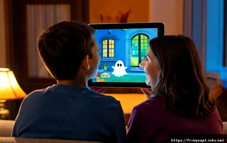 신비아파트 최신 뉴스 업데이트 - Photorealistic French family living room, a parent and two children watching a tablet showing a colo...