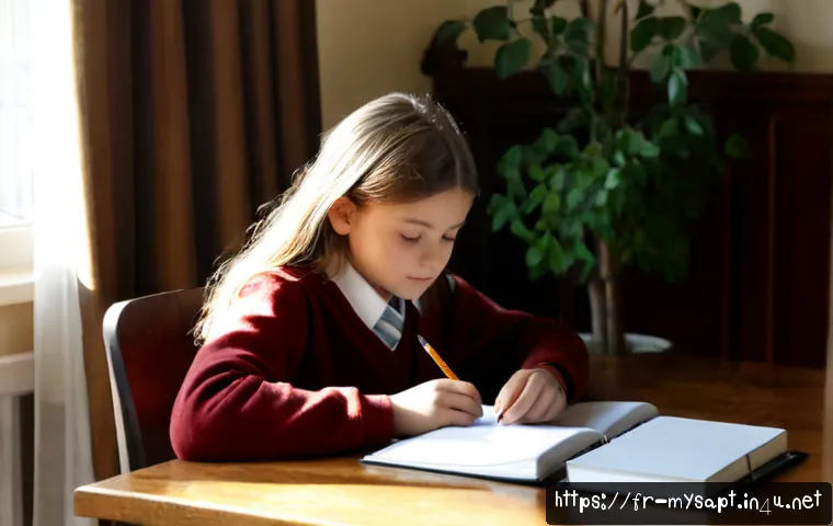 Home 17 신비아파트 하리의 성장 일기 - Photorealistic French middle-school girl keeping a personal growth journal at a sunlit desk in a coz...